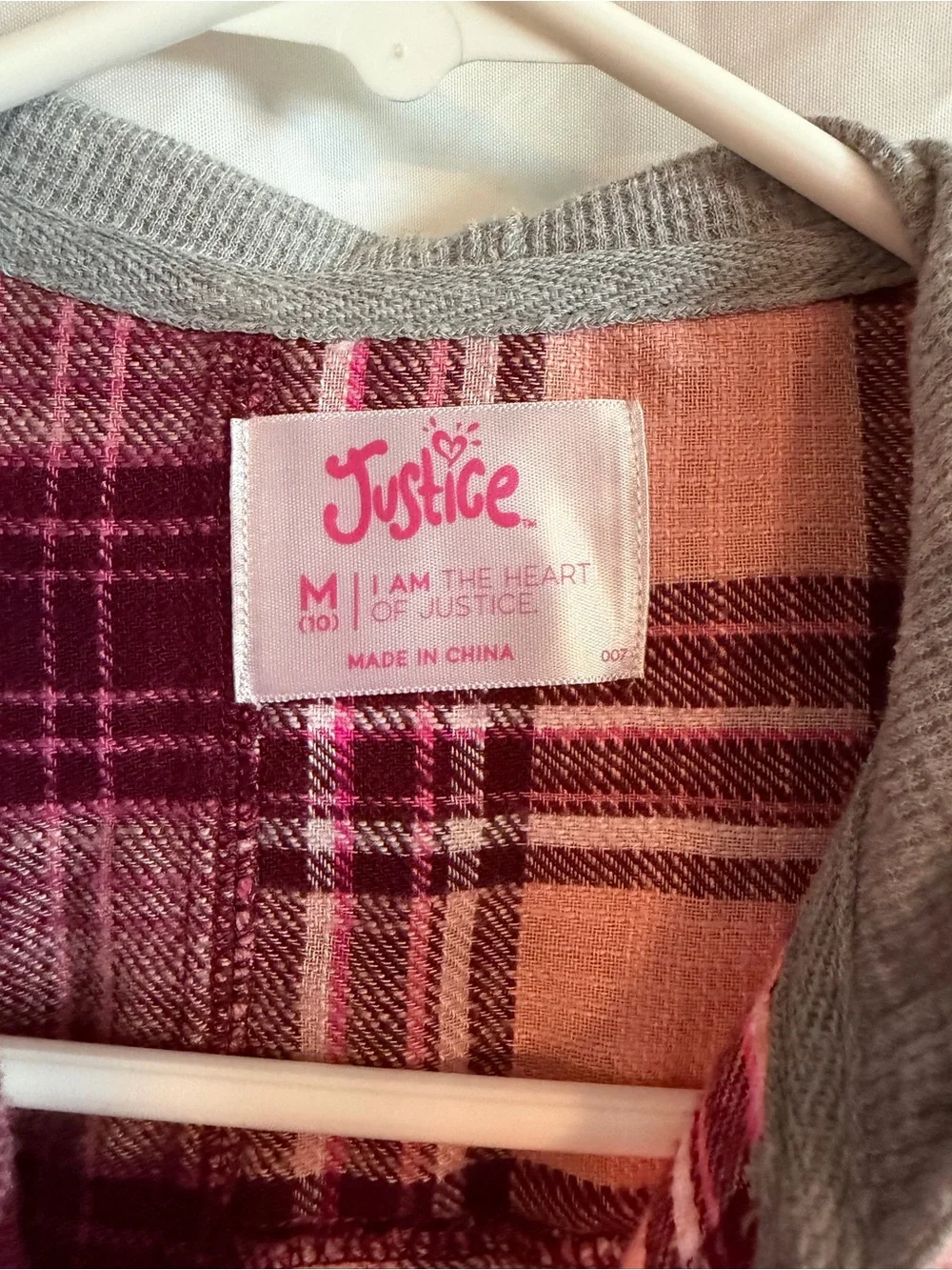 Justice Girls Pink & Burgundy Plaid Hooded Flannel Button-Down